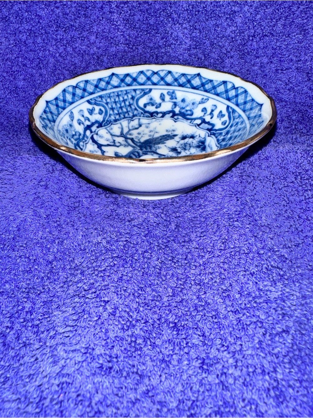 Blue and White Porcelain Decorative Bowl with Gold Trim